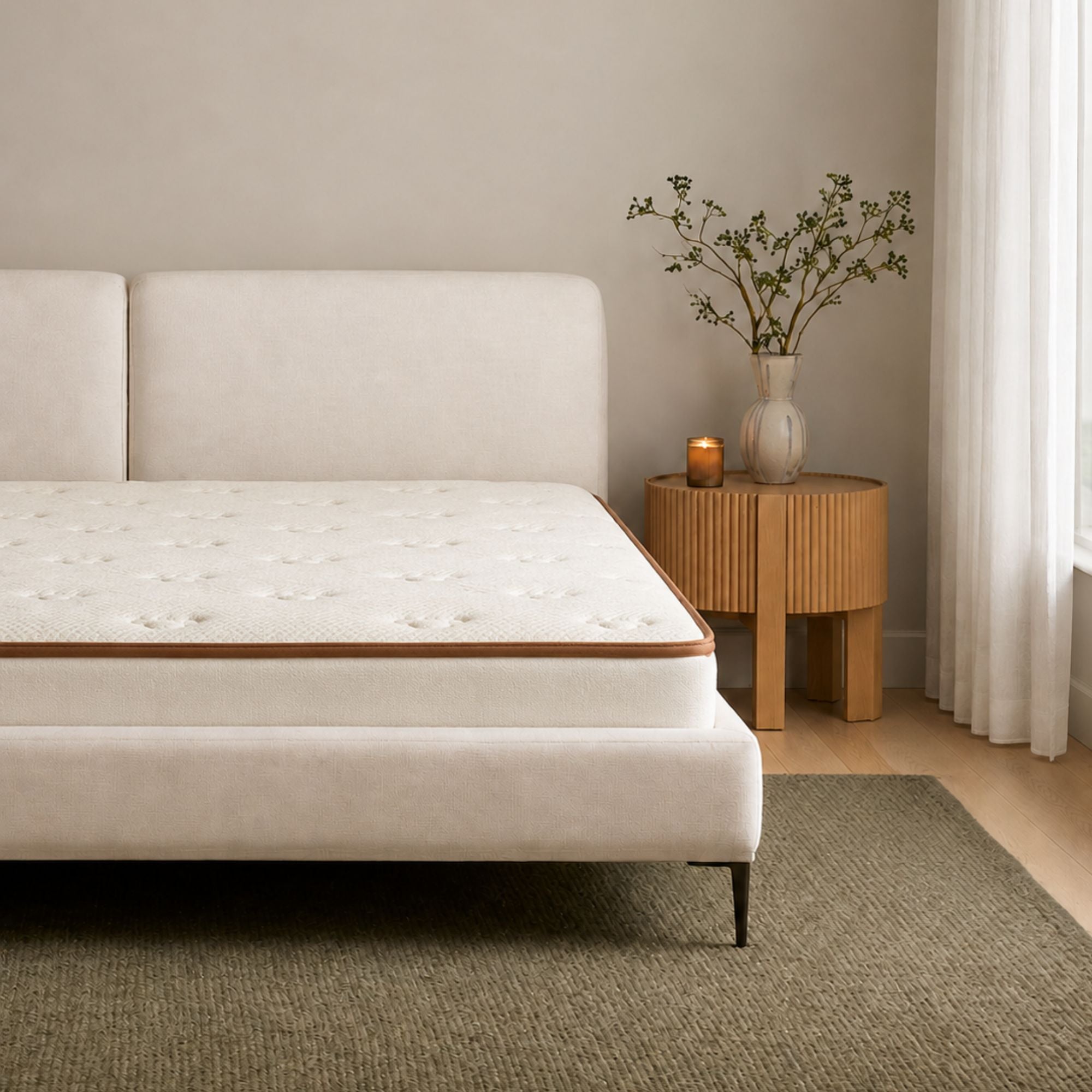 A modern upholstered bed frame with a tufted mattress, styled in a minimalist bedroom setting next to a wooden side table with a vase of branches.