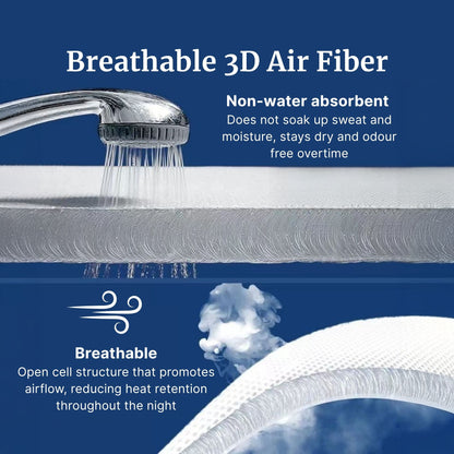 Advertisement for breathable 3D air fiber with showerhead and fabric texture on a blue background