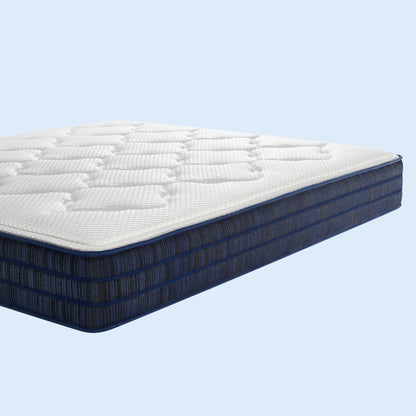 Mattress with white top and blue base on a light blue background