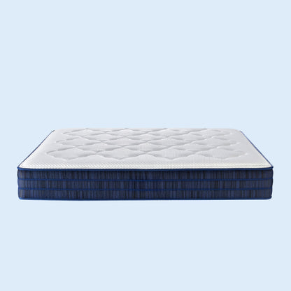 Mattress with blue exterior and white interior on a light blue background