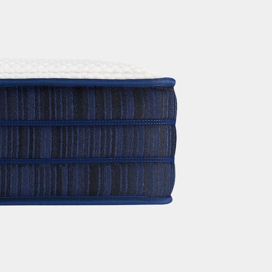 Close-up of a blue mattress on a white background