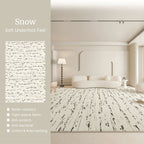 Modern interior with a textured rug labeled 'Snow' featuring water-resistant, tight weave fabric, anti-scratch, and anti-bacterial properties.