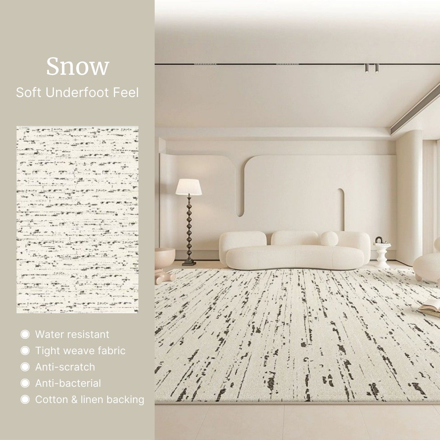 Modern interior with a textured rug labeled 'Snow' featuring water-resistant, tight weave fabric, anti-scratch, and anti-bacterial properties.