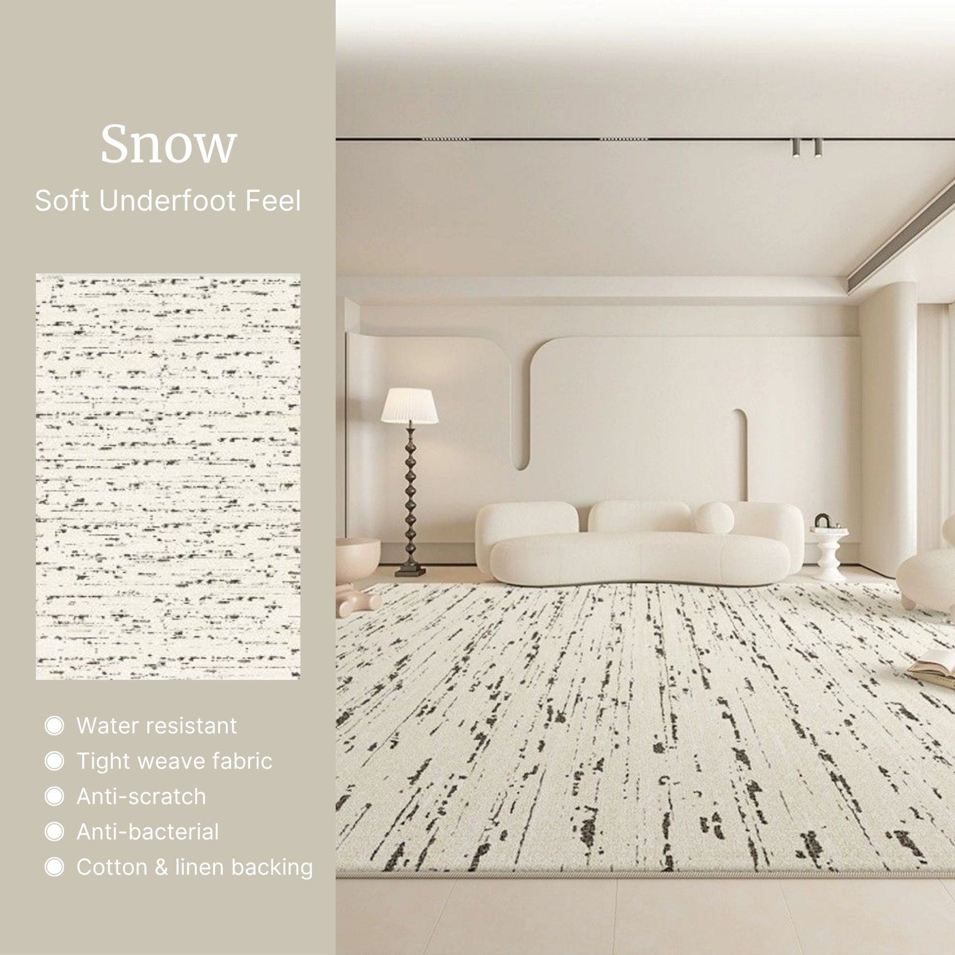 Modern interior with a textured rug labeled 'Snow' featuring water-resistant, tight weave fabric, anti-scratch, and anti-bacterial properties.