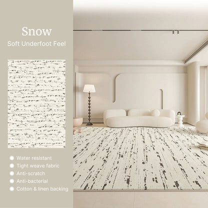 Modern interior with a textured rug labeled 'Snow' featuring water-resistant, tight weave fabric, anti-scratch, and anti-bacterial properties.