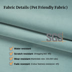 Blue pet friendly fabric features and details such as water resistance, scratch resistance