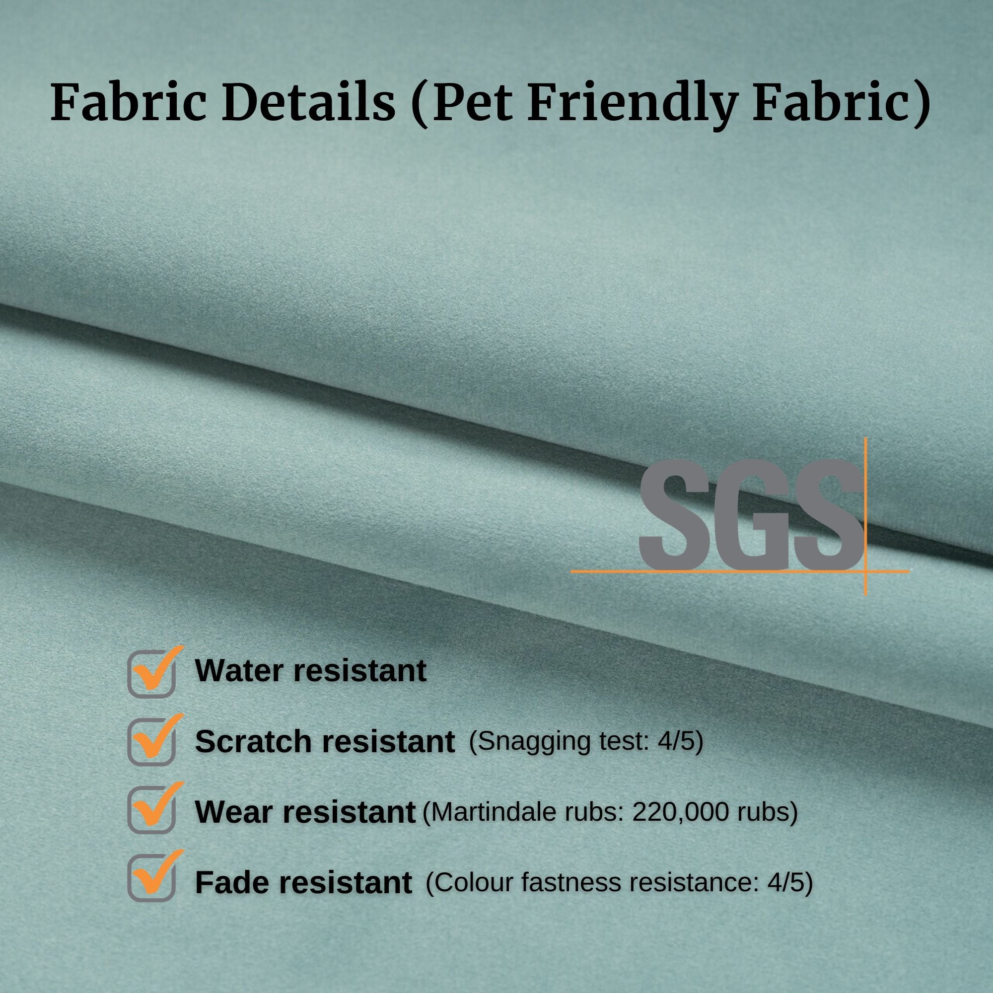 Blue pet friendly fabric features and details such as water resistance, scratch resistance