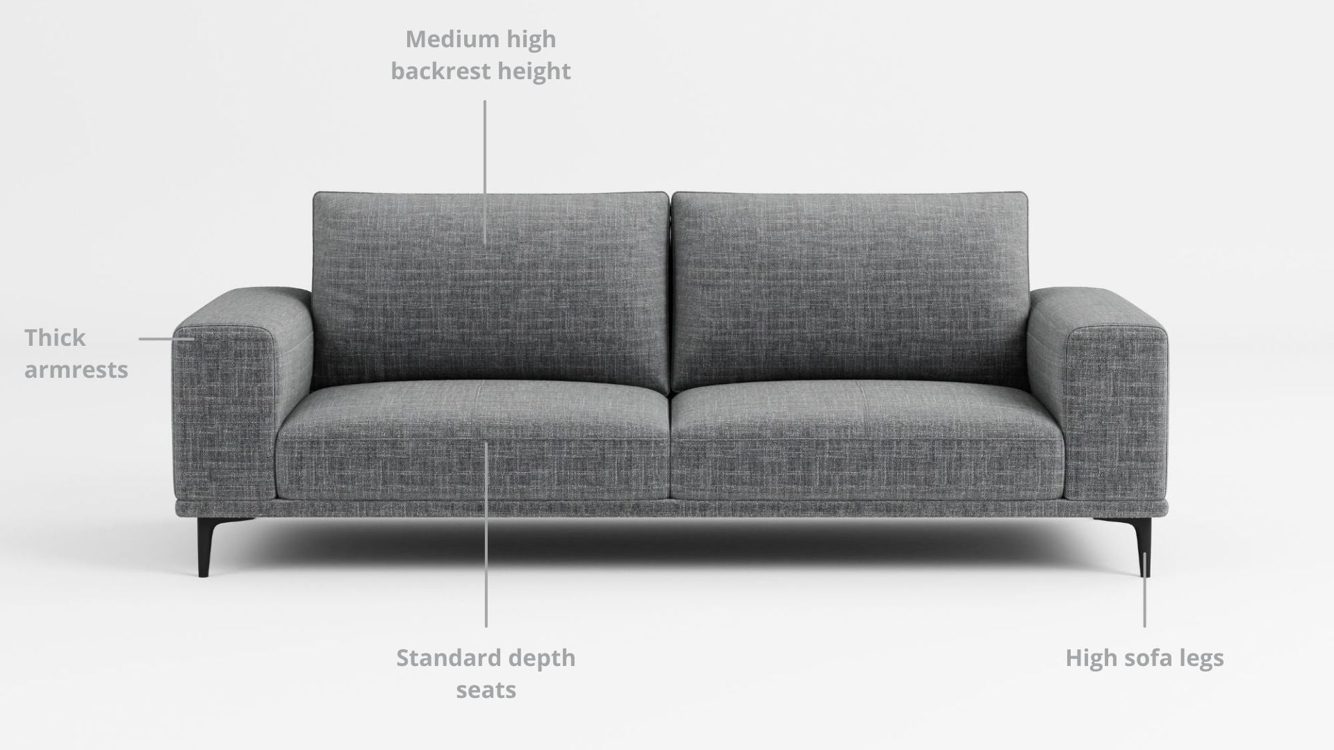Key features such as armrest thickness, cushion height, seat depth and sofa leg height for Calm Fabric Sofa