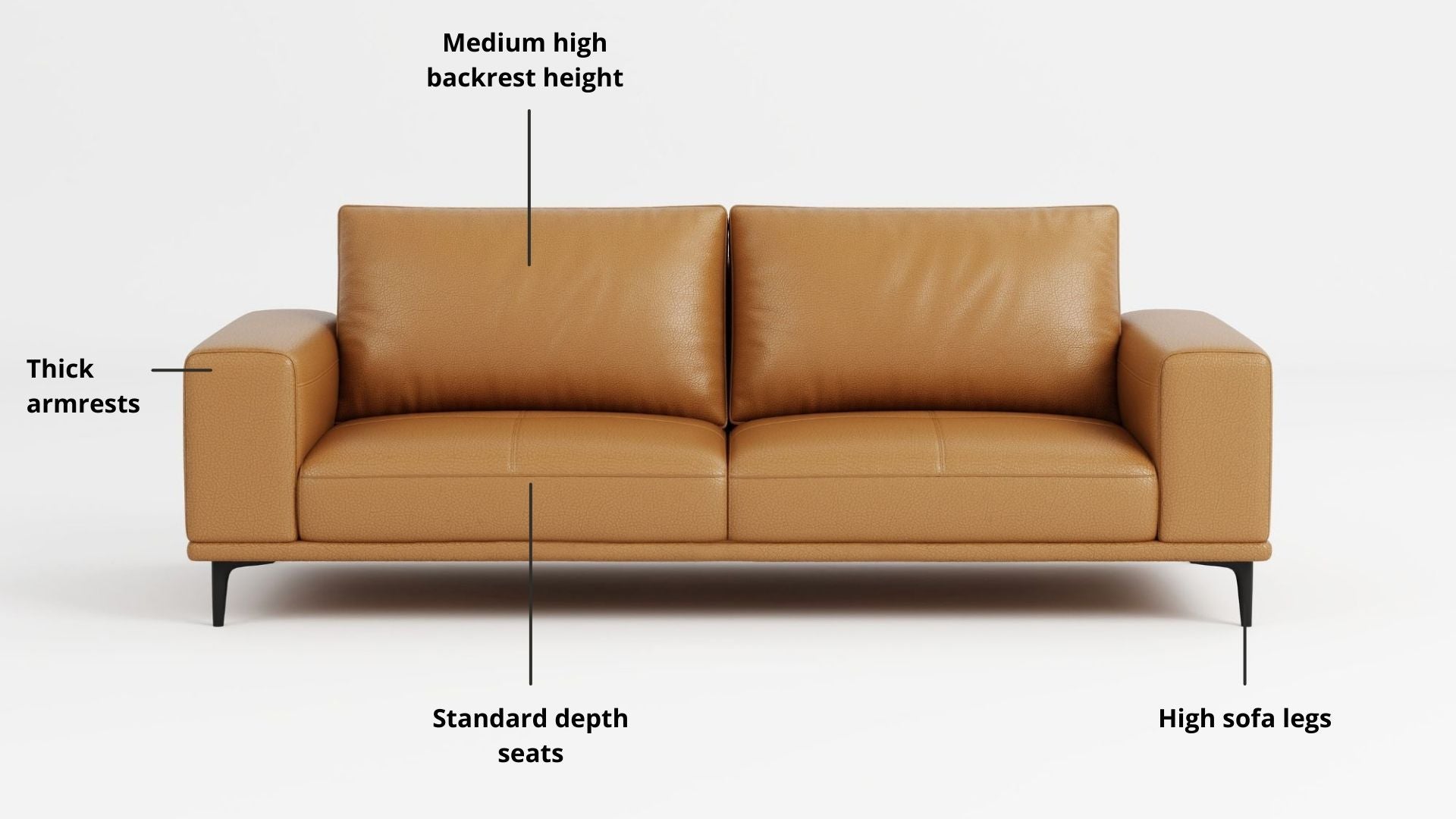 Key features such as armrest thickness, cushion height, seat depth and sofa leg height for Calm Full Leather Sofa
