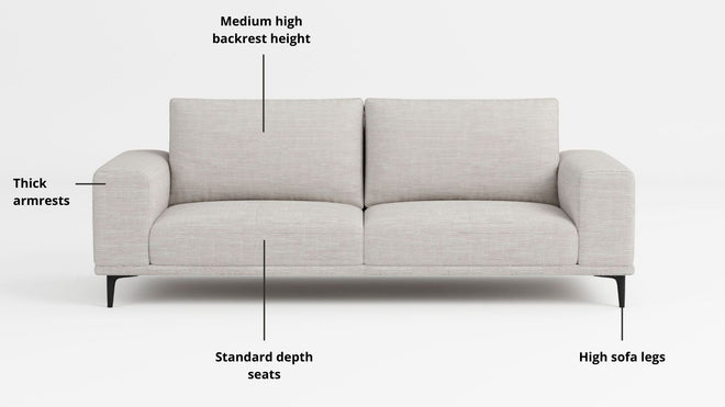Key features such as armrest thickness, cushion height, seat depth and sofa leg height for Calm Fabric Sofa