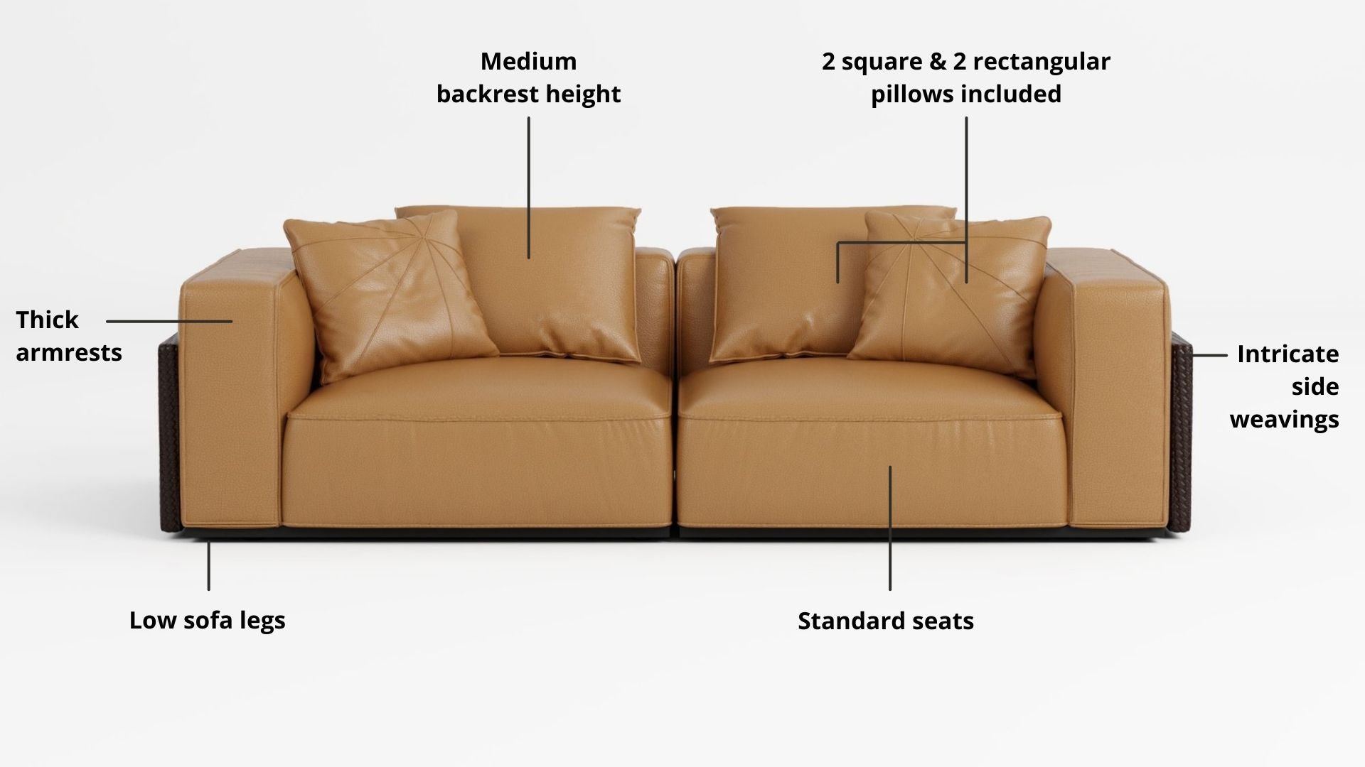 Key features such as armrest thickness, cushion height, seat depth and sofa leg height for Carson Half Leather Sofa