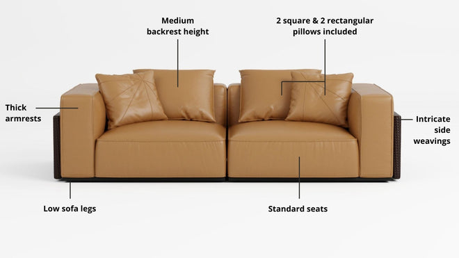 Key features such as armrest thickness, cushion height, seat depth and sofa leg height for Carson Full Leather Sofa