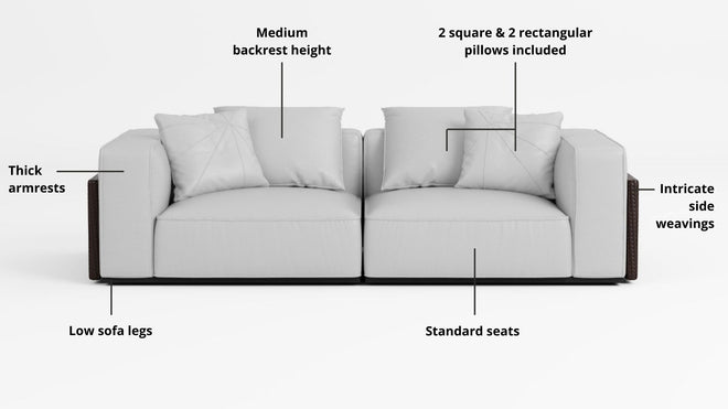 Key features such as armrest thickness, cushion height, seat depth and sofa leg height for Carson Half Leather Sofa