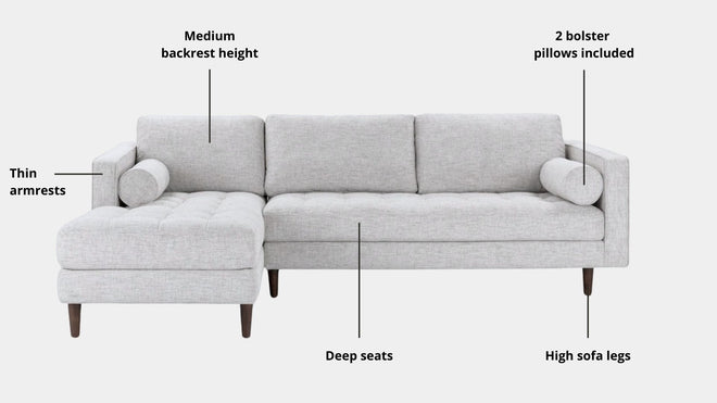 Key features such as armrest thickness, cushion height, seat depth and sofa leg height for Castle Fabric L-Shaped Sectional Sofa
