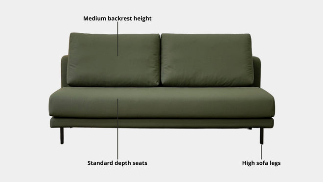 Key features such as armrest thickness, cushion height, seat depth and sofa leg height for Cedar Faux Leather Armless Sofa