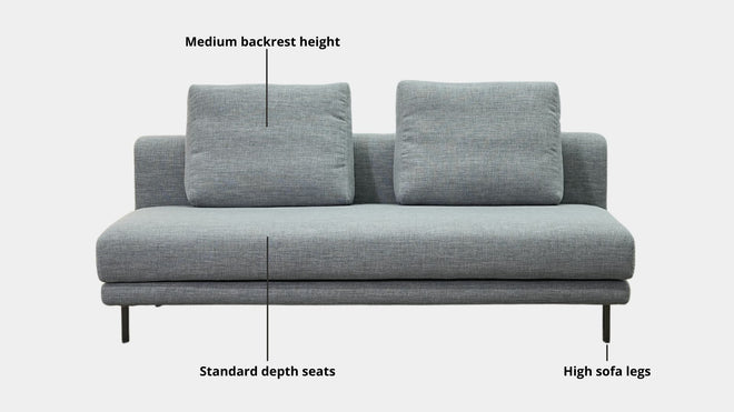 Key features such as armrest thickness, cushion height, seat depth and sofa leg height for Cedar Fabric Armless Sofa