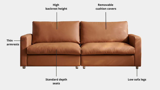 Key features such as armrest thickness, cushion height, seat depth and sofa leg height for Chalet Half Leather Sofa