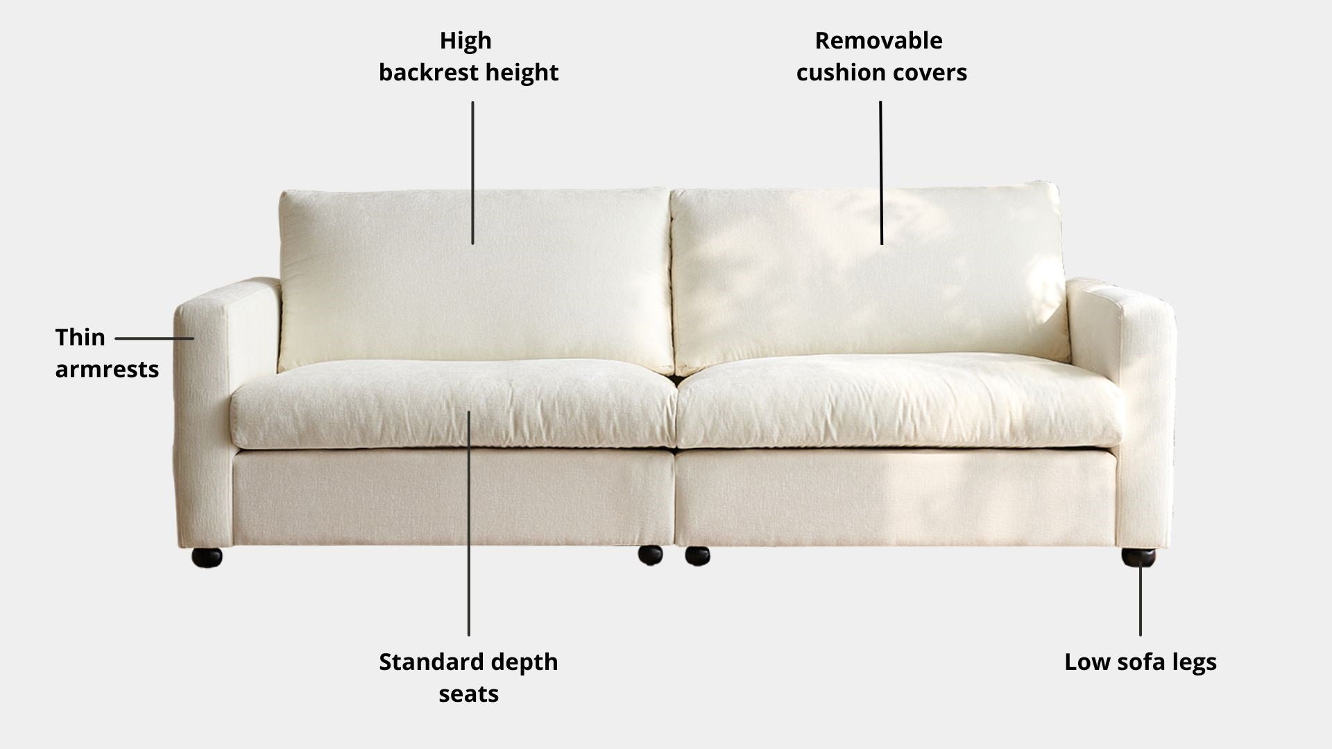 Key features such as armrest thickness, cushion height, seat depth and sofa leg height for Chalet Fabric Sofa