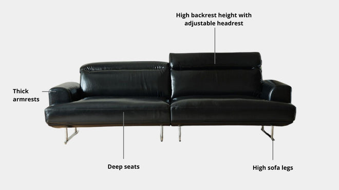 Key features such as armrest thickness, cushion height, seat depth and sofa leg height for Charles Half Leather Sofa