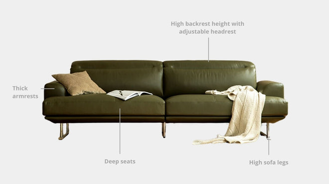 Key features such as armrest thickness, cushion height, seat depth and sofa leg height for Charles Faux Leather Sofa