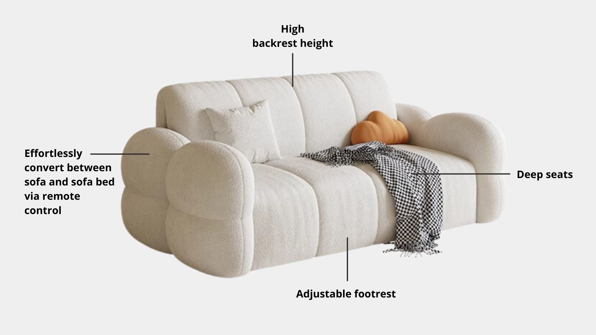 Key features such as armrest thickness, cushion height, seat depth and sofa leg height for Clover Eletric Fabric Sofa Bed