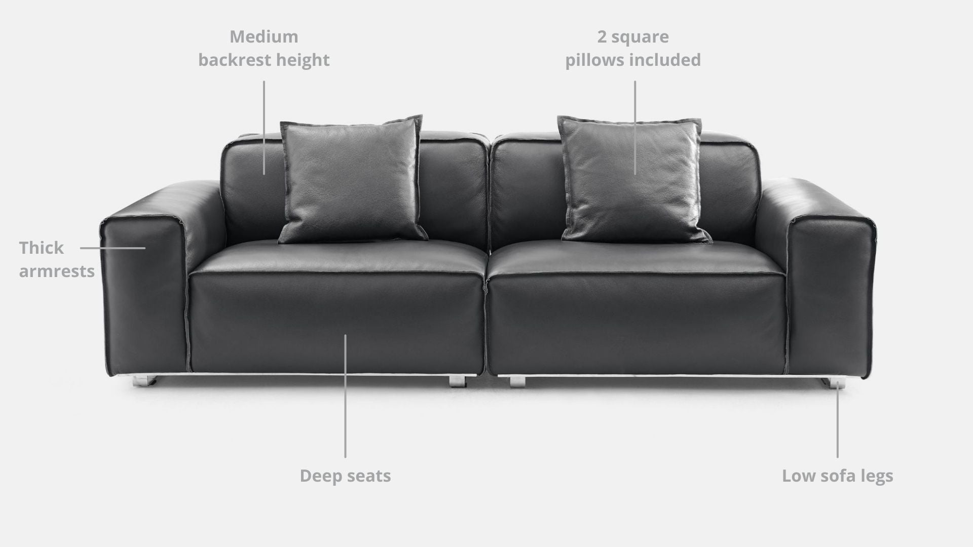 Key features such as armrest thickness, cushion height, seat depth and sofa leg height for Colby Full Leather Sofa