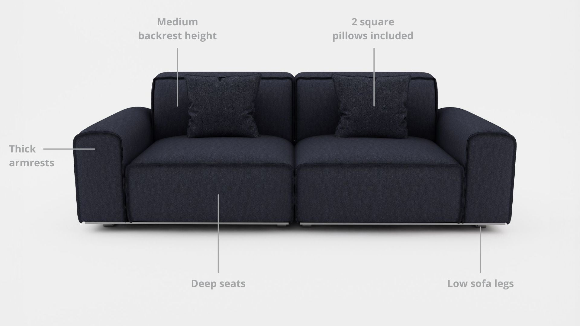 Key features such as armrest thickness, cushion height, seat depth and sofa leg height for Colby Fabric Sofa