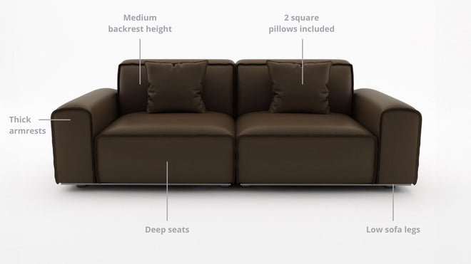 Key features such as armrest thickness, cushion height, seat depth and sofa leg height for Colby Half Leather Sofa