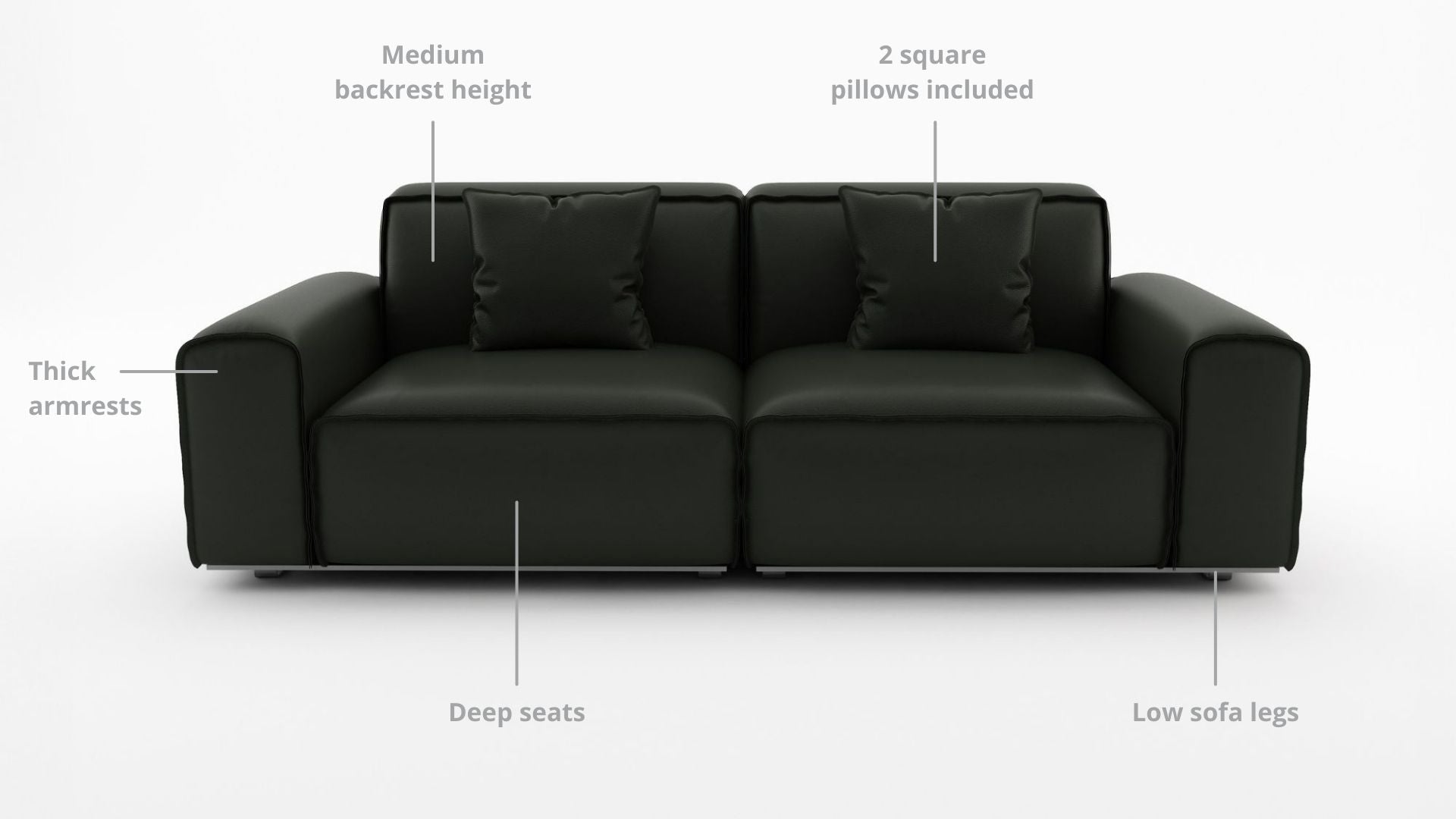 Key features such as armrest thickness, cushion height, seat depth and sofa leg height for Colby Half Leather Sofa