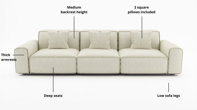 Key features such as armrest thickness, cushion height, seat depth and sofa leg height for Colby Fabric Sofa