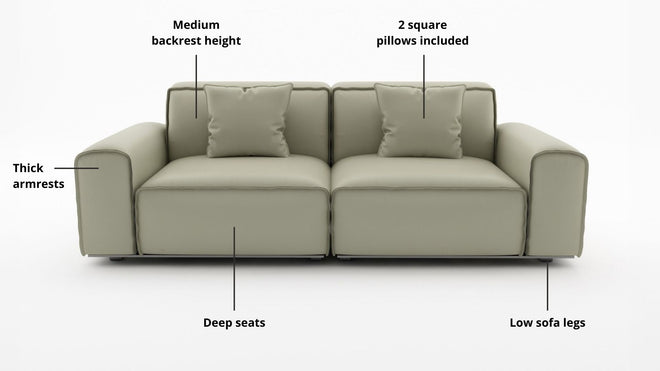 Key features such as armrest thickness, cushion height, seat depth and sofa leg height for Colby Half Leather Sofa