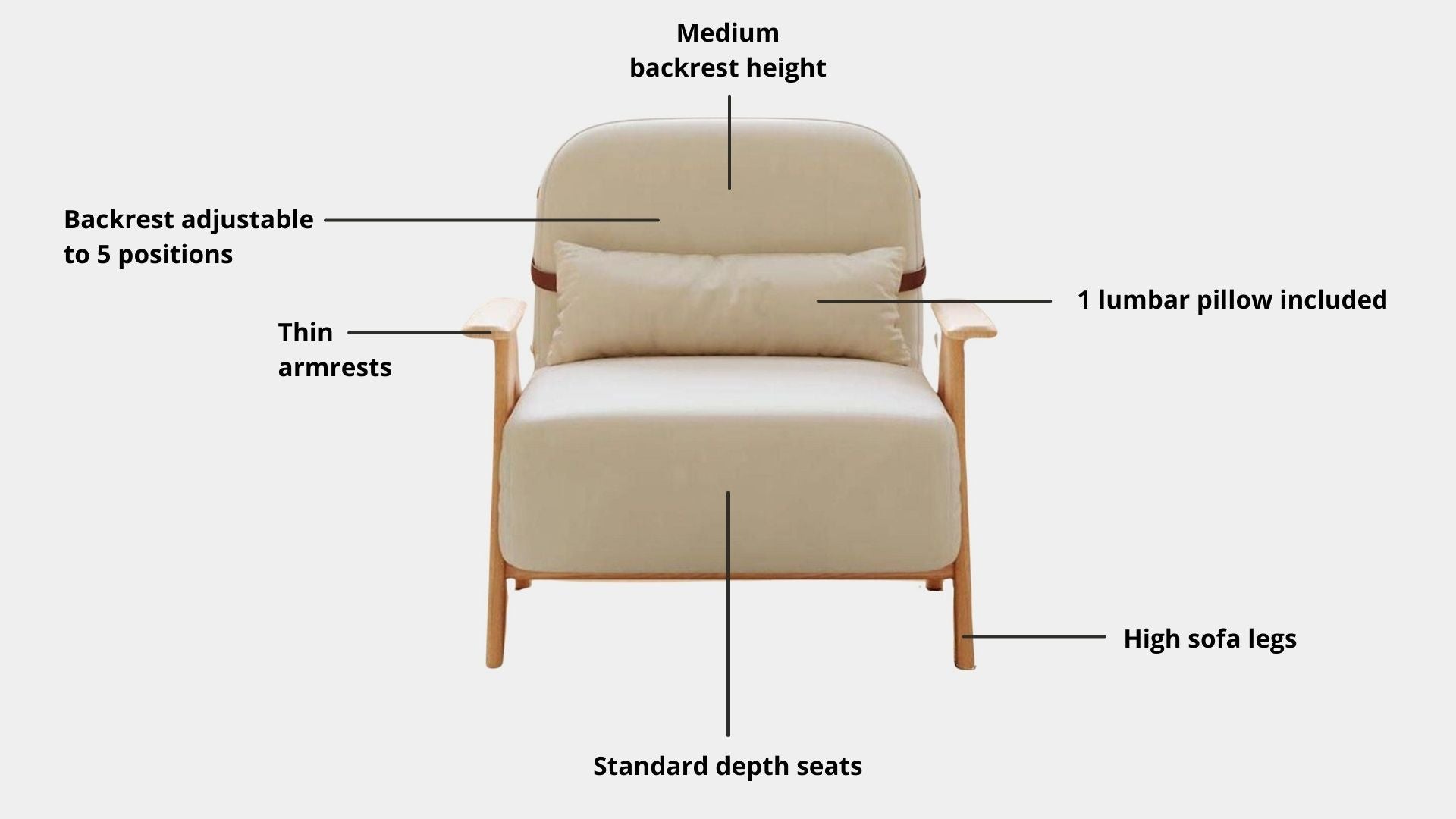 Key features such as armrest thickness, cushion height, seat depth and sofa leg height for Corona Fabric Sofa Bed