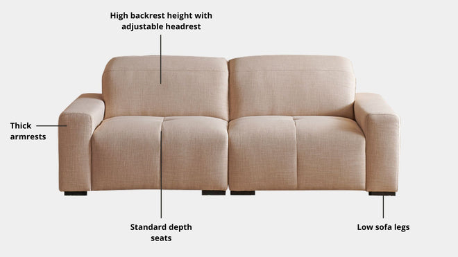 Key features such as armrest thickness, cushion height, seat depth and sofa leg height for Cove Fabric Sofa
