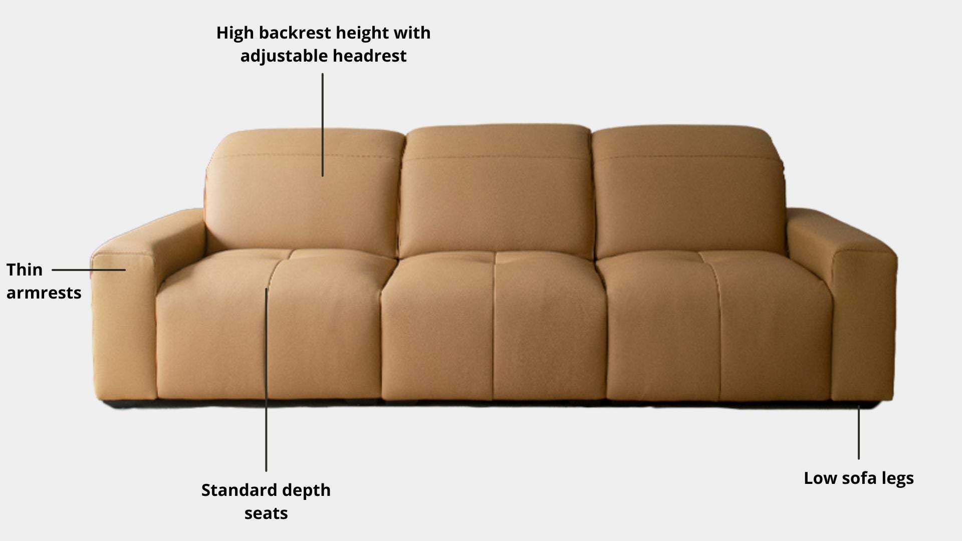 Key features such as armrest thickness, cushion height, seat depth and sofa leg height for Cove Half Leather Sofa