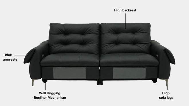 Key features such as armrest thickness, cushion height, seat depth and sofa leg height for Cruise Half Leather Electric Recliner Sofa