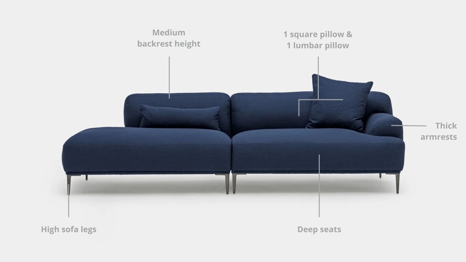 Key features such as armrest thickness, cushion height, seat depth and sofa leg height for Crystal Fabric One Arm Sofa