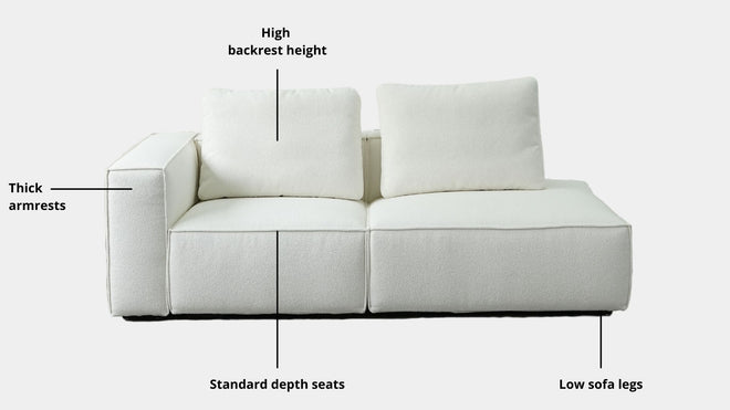 Key features such as armrest thickness, cushion height, seat depth and sofa leg height for Cubix Fabric One Arm Sofa