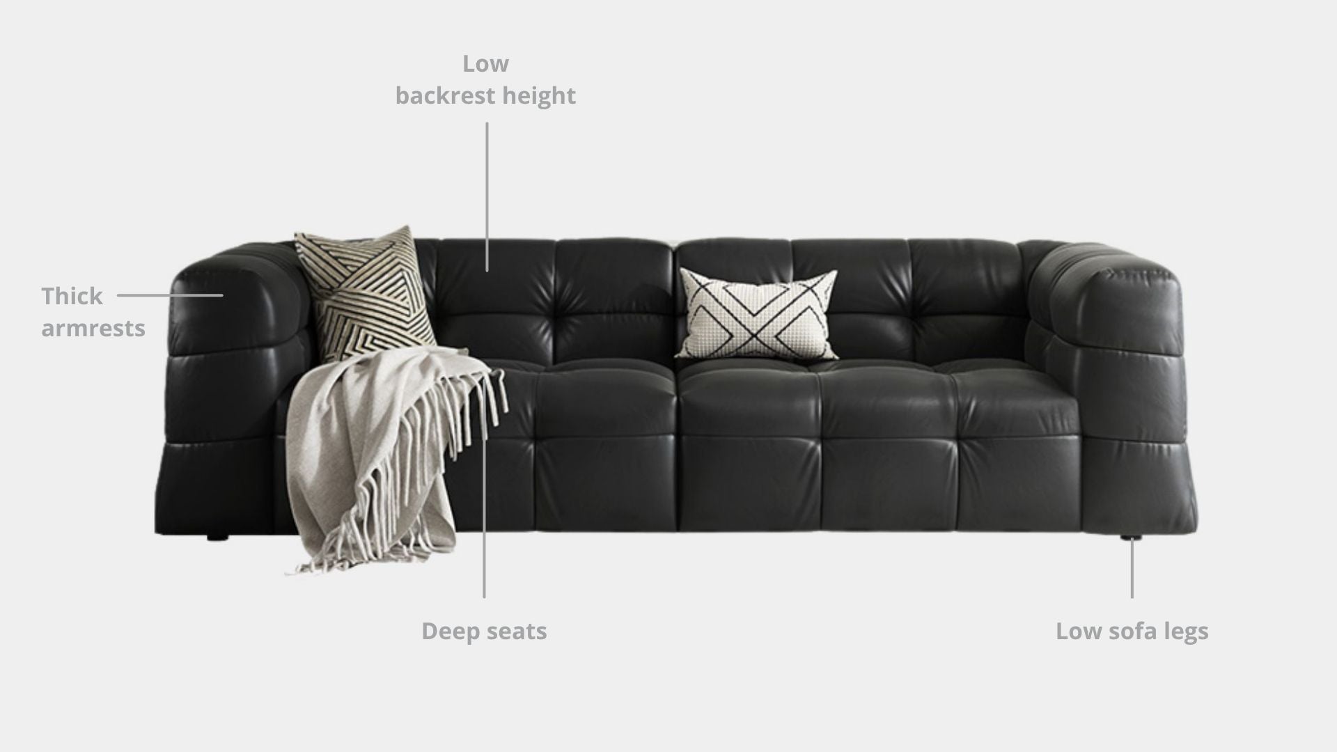 Key features such as armrest thickness, cushion height, seat depth and sofa leg height for Cutey Half Leather Sofa