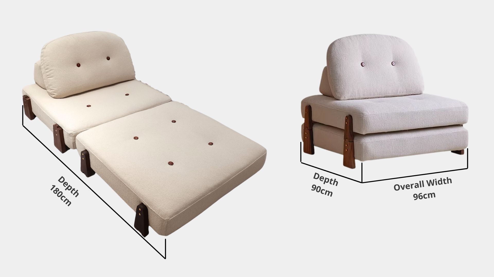 Details the key dimensions in terms of overall width, overall depth and seat width for Cakelet Fabric Sofa Bed