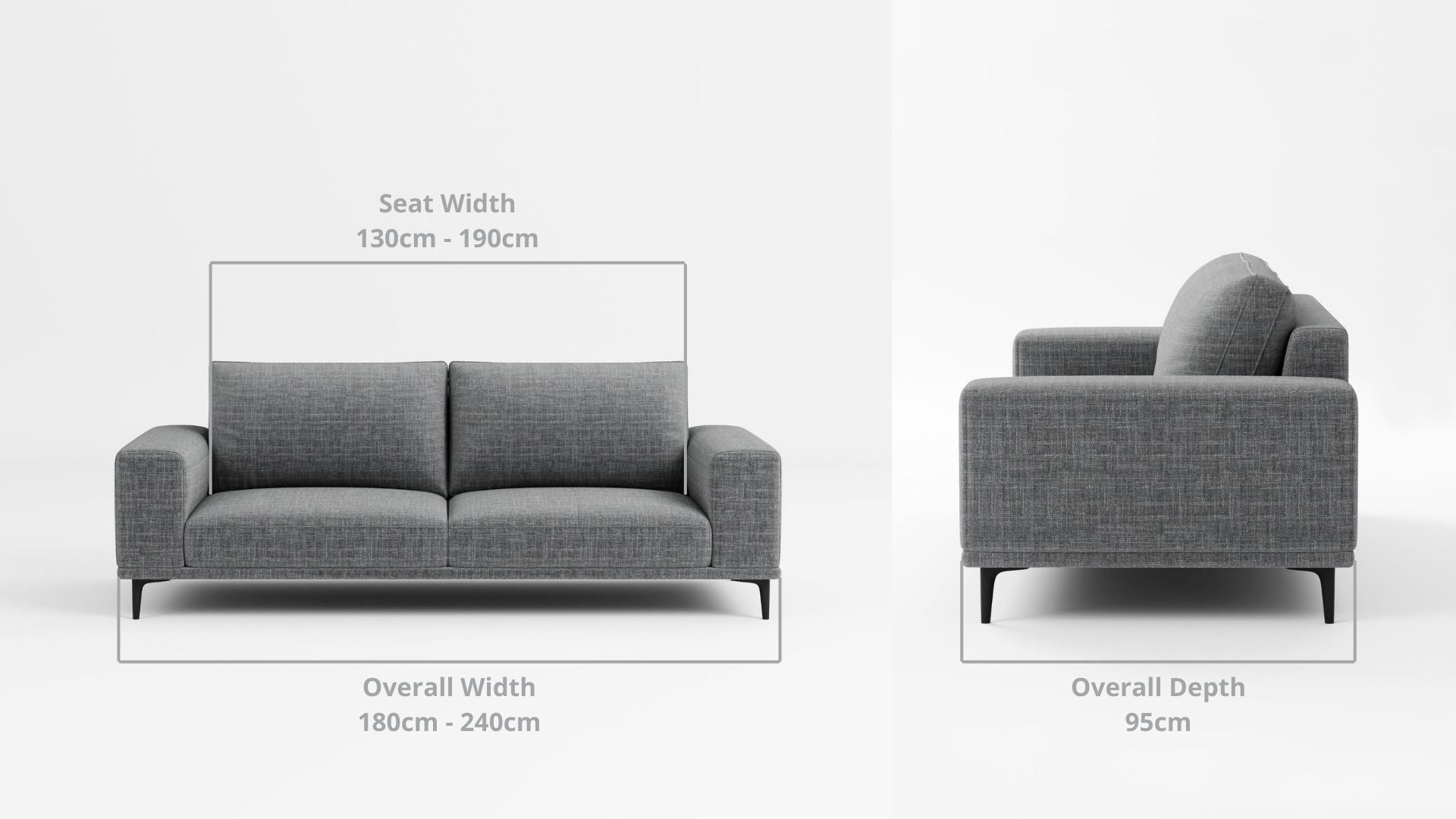 Details the key dimensions in terms of overall width, overall depth and seat width for Calm Fabric Sofa