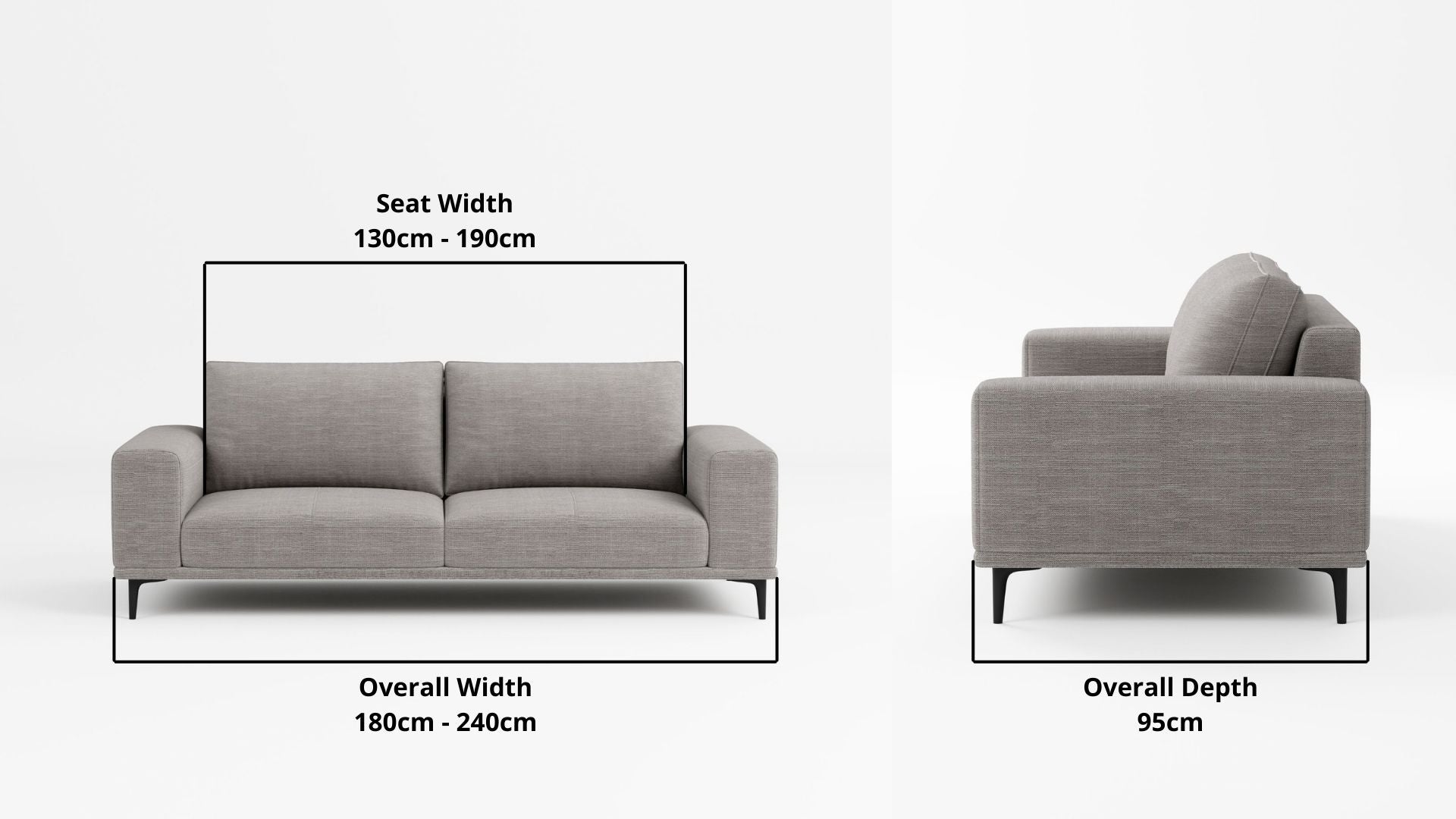 Details the key dimensions in terms of overall width, overall depth and seat width for Calm Fabric Sofa