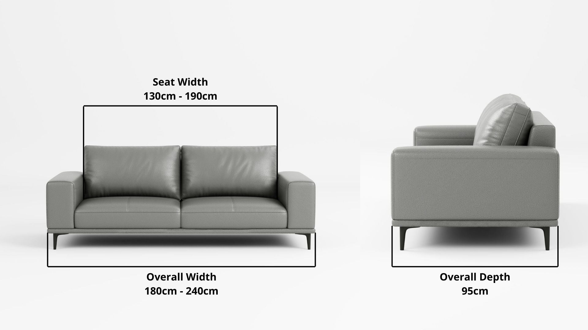 Details the key dimensions in terms of overall width, overall depth and seat width for Calm Full Leather Sofa