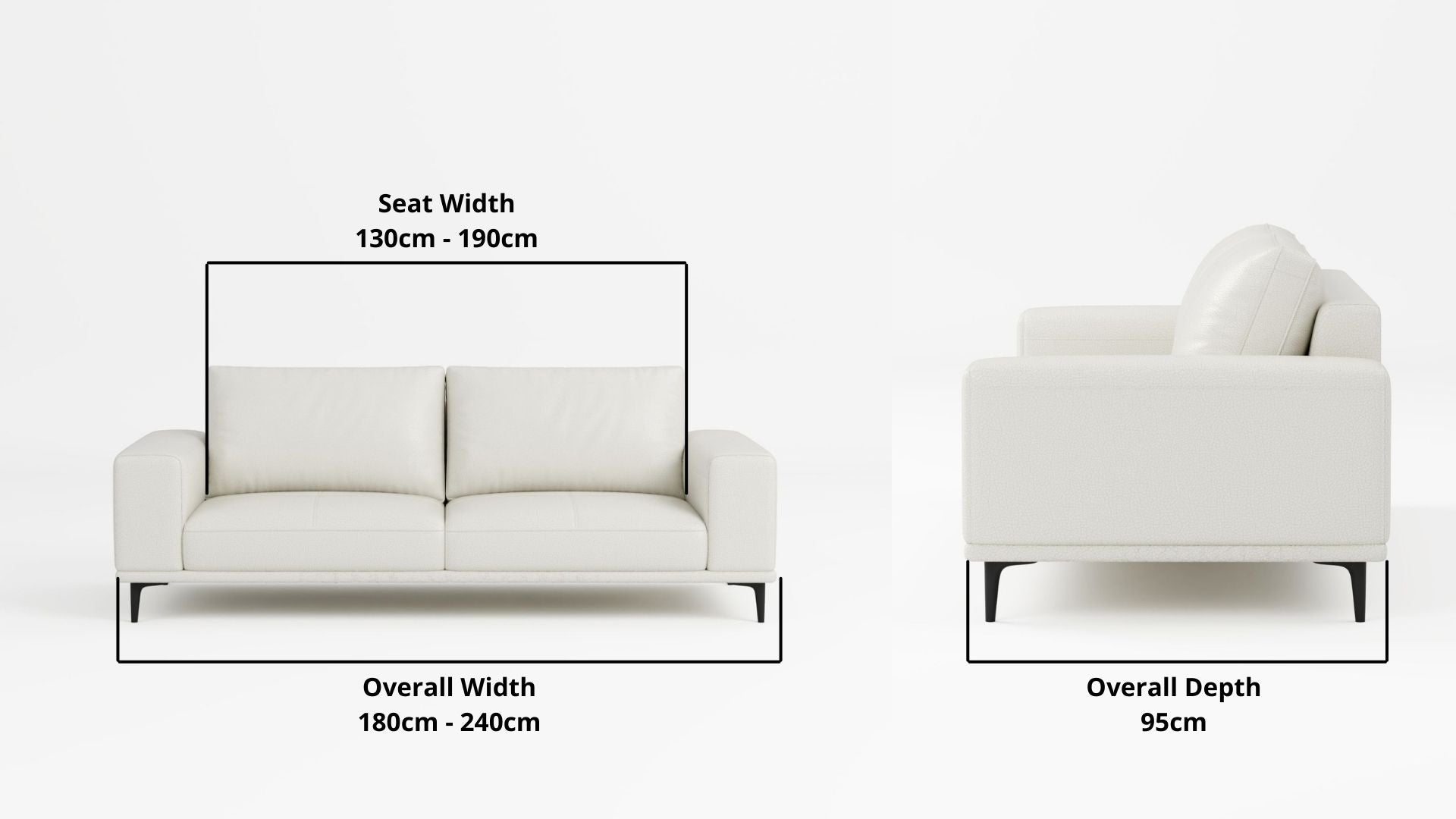 Details the key dimensions in terms of overall width, overall depth and seat width for Calm Half Leather Sofa