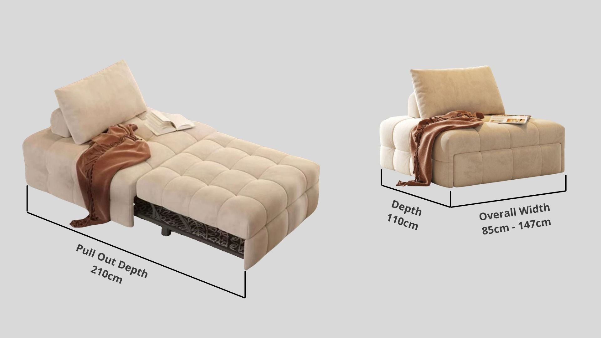 Details the key dimensions in terms of overall width, overall depth and seat width for Candy Fabric Sofa Bed