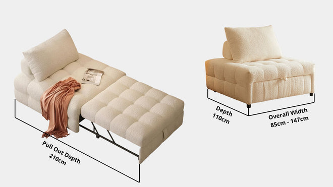 Key sofa bed dimensions including sofa depth and pull out depth for Candy Fabric Sofa Bed