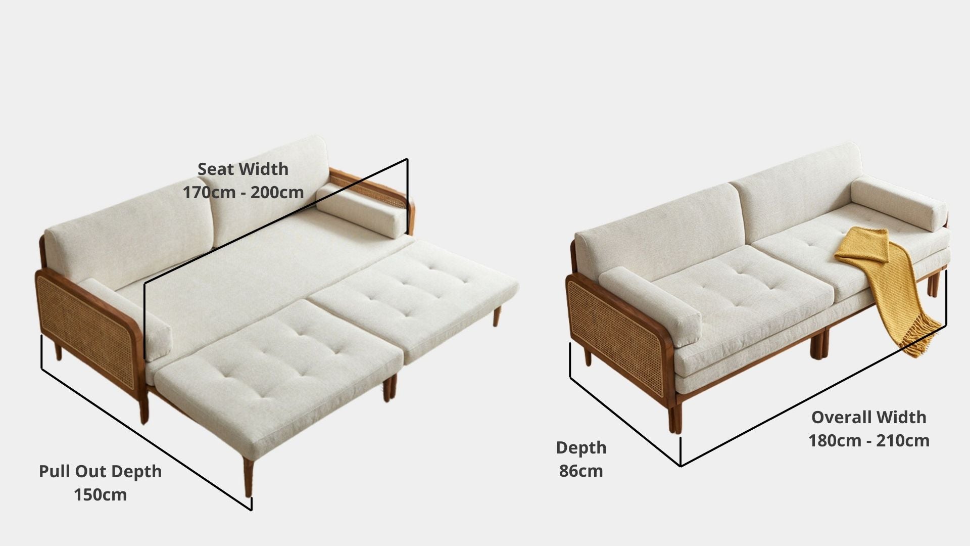 Details the key dimensions in terms of overall width, overall depth and seat width for Cane Fabric Sofa Bed