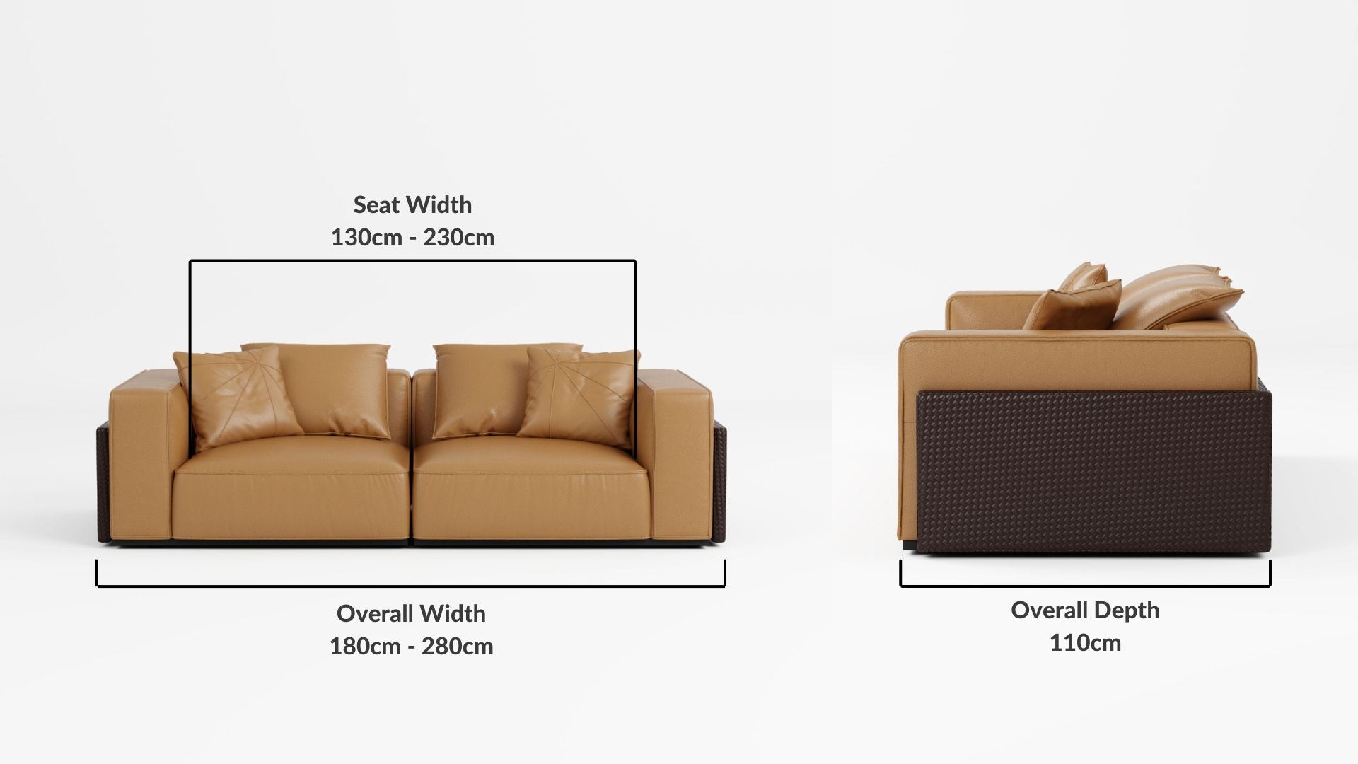 Details the key dimensions in terms of overall width, overall depth and seat width for Carson Half Leather Sofa