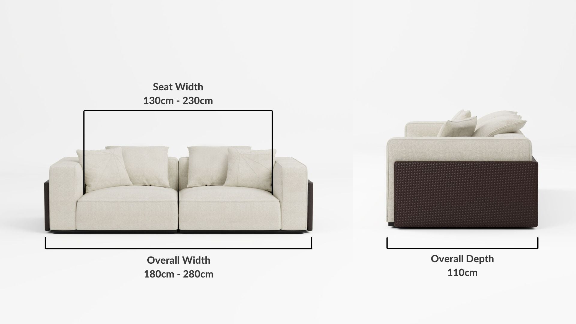 Details the key dimensions in terms of overall width, overall depth and seat width for Carson Fabric Sofa