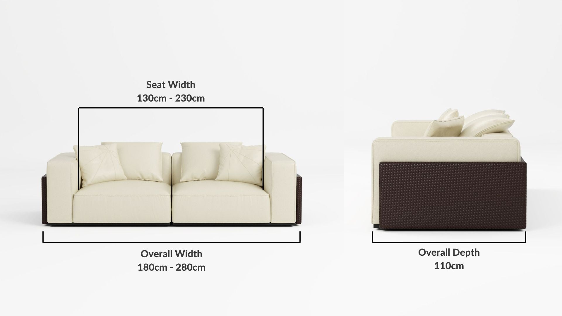 Details the key dimensions in terms of overall width, overall depth and seat width for Carson Full Leather Sofa