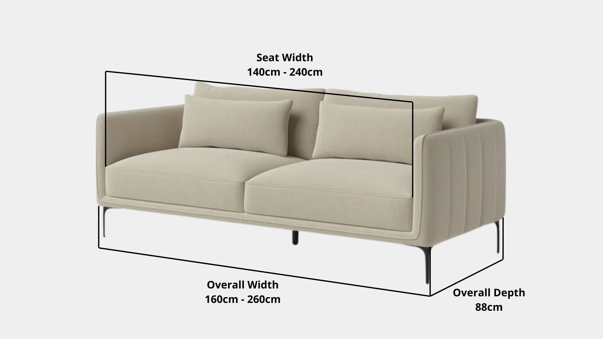 Details the key dimensions in terms of overall width, overall depth and seat width for Casper Fabric Sofa